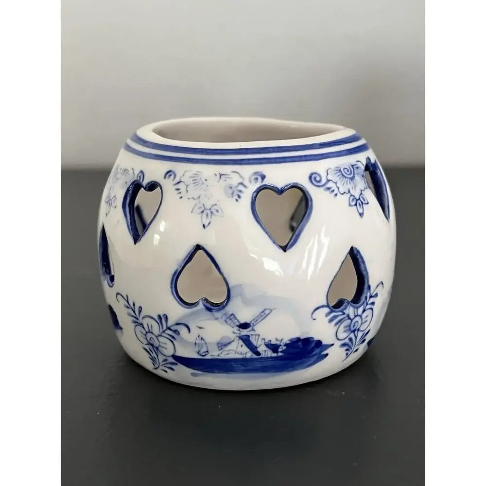 2 Delft Blue Tea Light Holder Candle Ceramic Vintage Hearts Hand painted Holland